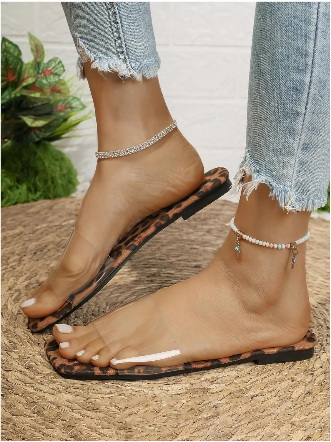 GORGLITTER Women's Clear Slides Leopard Sandals Open Toe Summer Beach Slide Sandals
