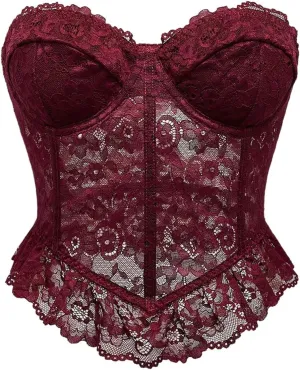 GORGLITTER Women's Lace Strapless Bandeau Tube Tops Y2K Dressy Ruffle Open Back Asymmetrical Backless Crop Tops