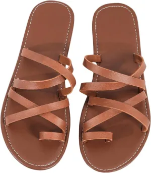GORGLITTER Women's Leather Toe Ring Strappy Sandals Dressy Cute Crossed Slip on Slides Summer Beach Flat Sandals