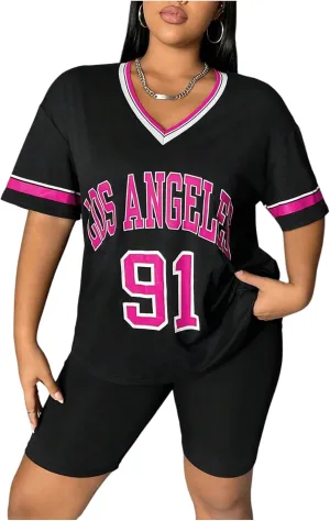 GORGLITTER Women's Plus Size Letter Graphic Jersey Shirts Striped Trim Half Sleeve Tee Tops