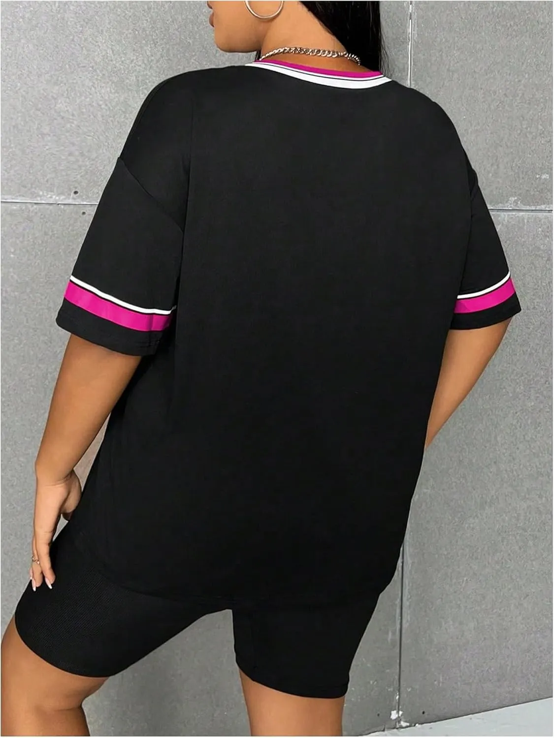 GORGLITTER Women's Plus Size Letter Graphic Jersey Shirts Striped Trim Half Sleeve Tee Tops