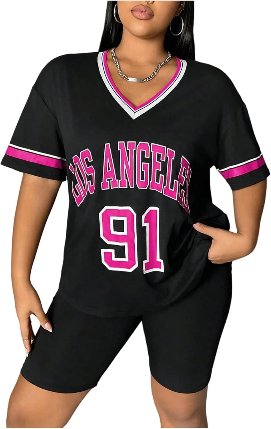 GORGLITTER Women's Plus Size Letter Graphic Jersey Shirts Striped Trim Half Sleeve Tee Tops