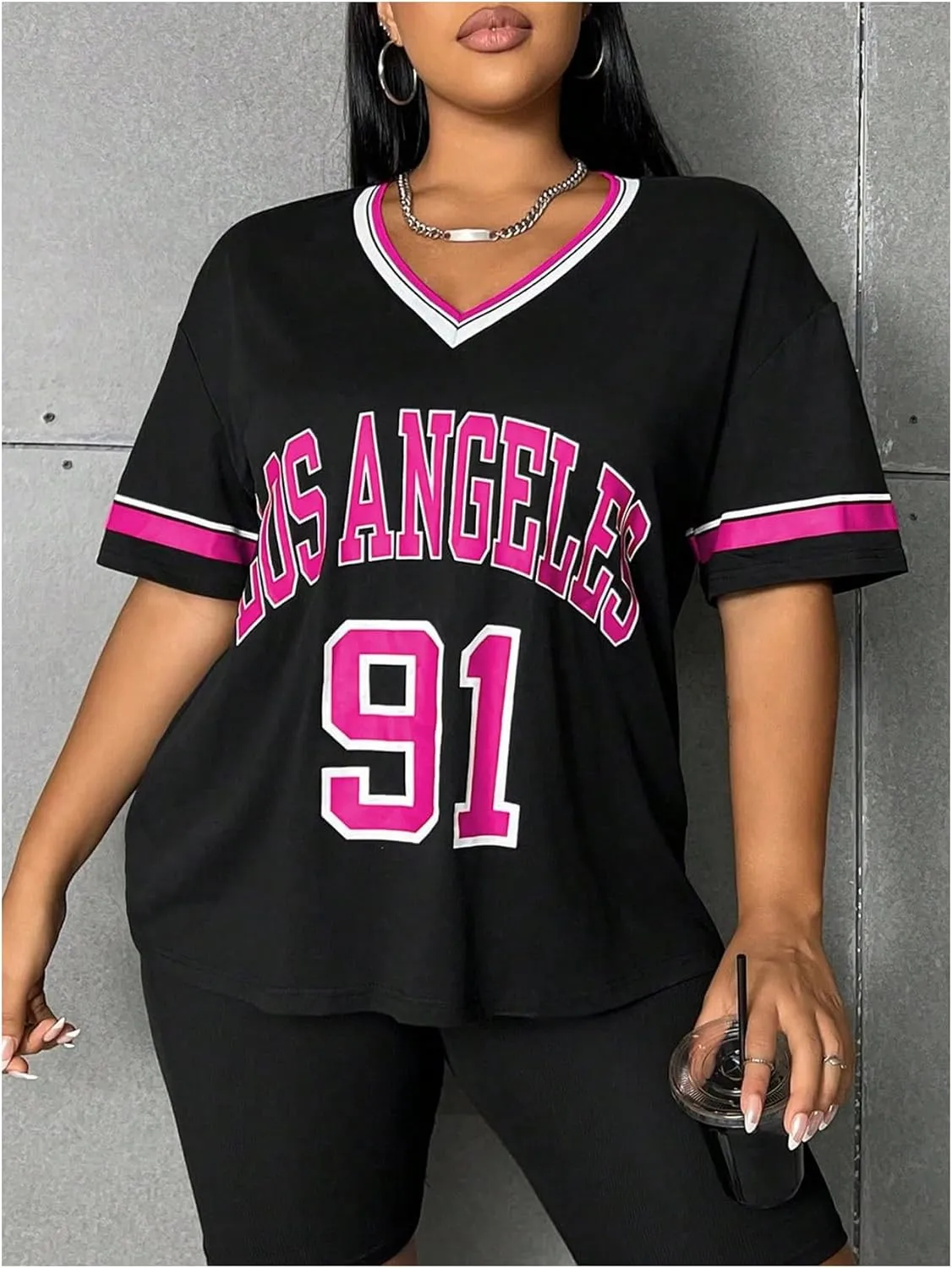 GORGLITTER Women's Plus Size Letter Graphic Jersey Shirts Striped Trim Half Sleeve Tee Tops