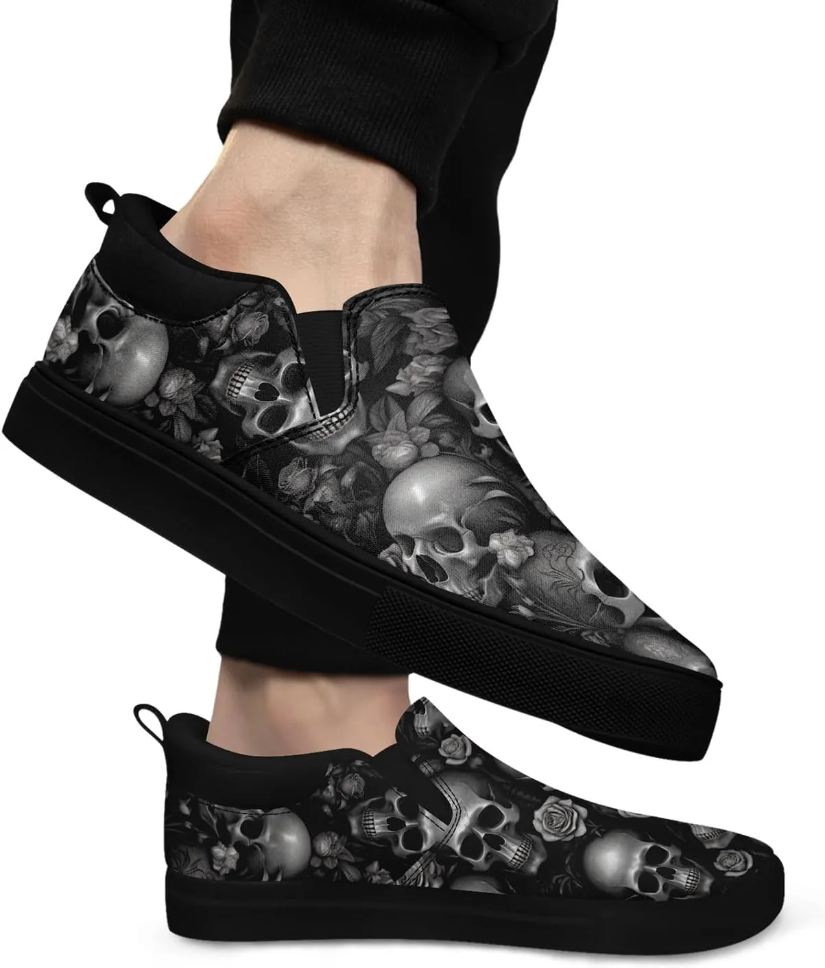 Gothic Low-Top Canvas Shoes for MenWomen Skull Floral Slip-On Sneakers Lightweight Comfort Streetwear Footwear