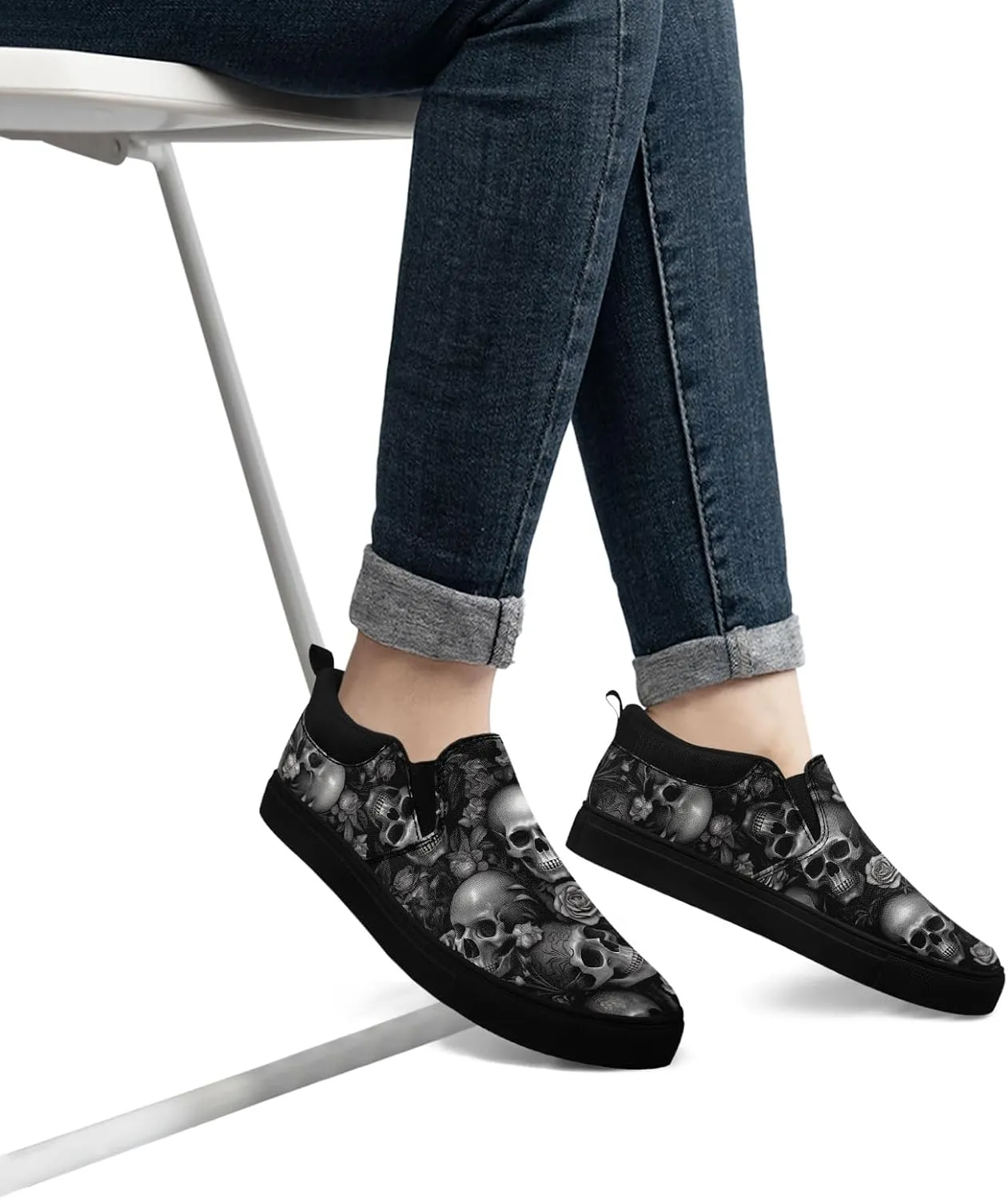 Gothic Low-Top Canvas Shoes for MenWomen Skull Floral Slip-On Sneakers Lightweight Comfort Streetwear Footwear