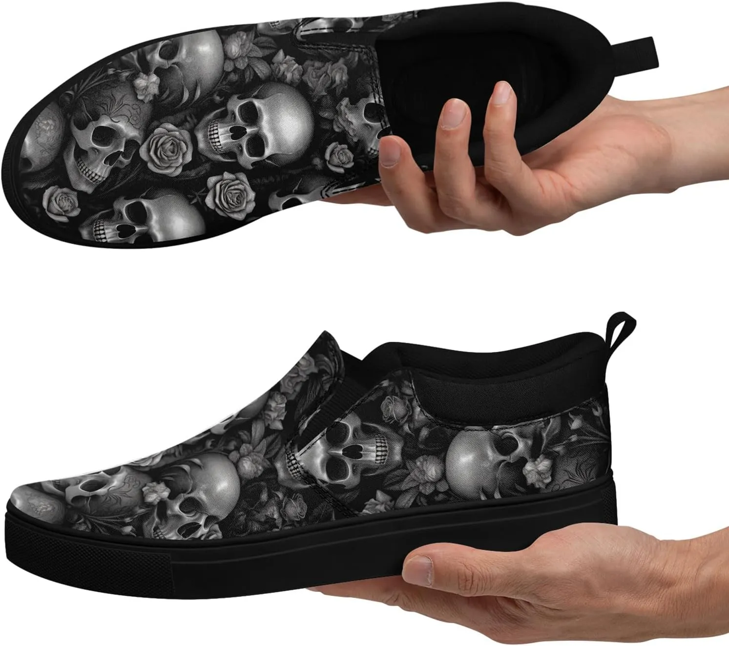 Gothic Low-Top Canvas Shoes for MenWomen Skull Floral Slip-On Sneakers Lightweight Comfort Streetwear Footwear