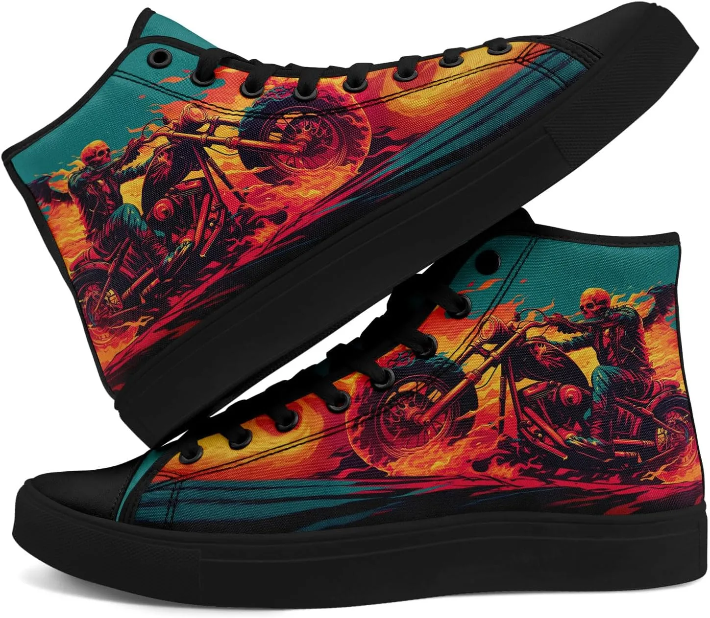 Gothic Skull High Top Canvas Sneakers for Men Women Butterflies Flames Flower Vivid Lace up Flat Casual Walking Shoes