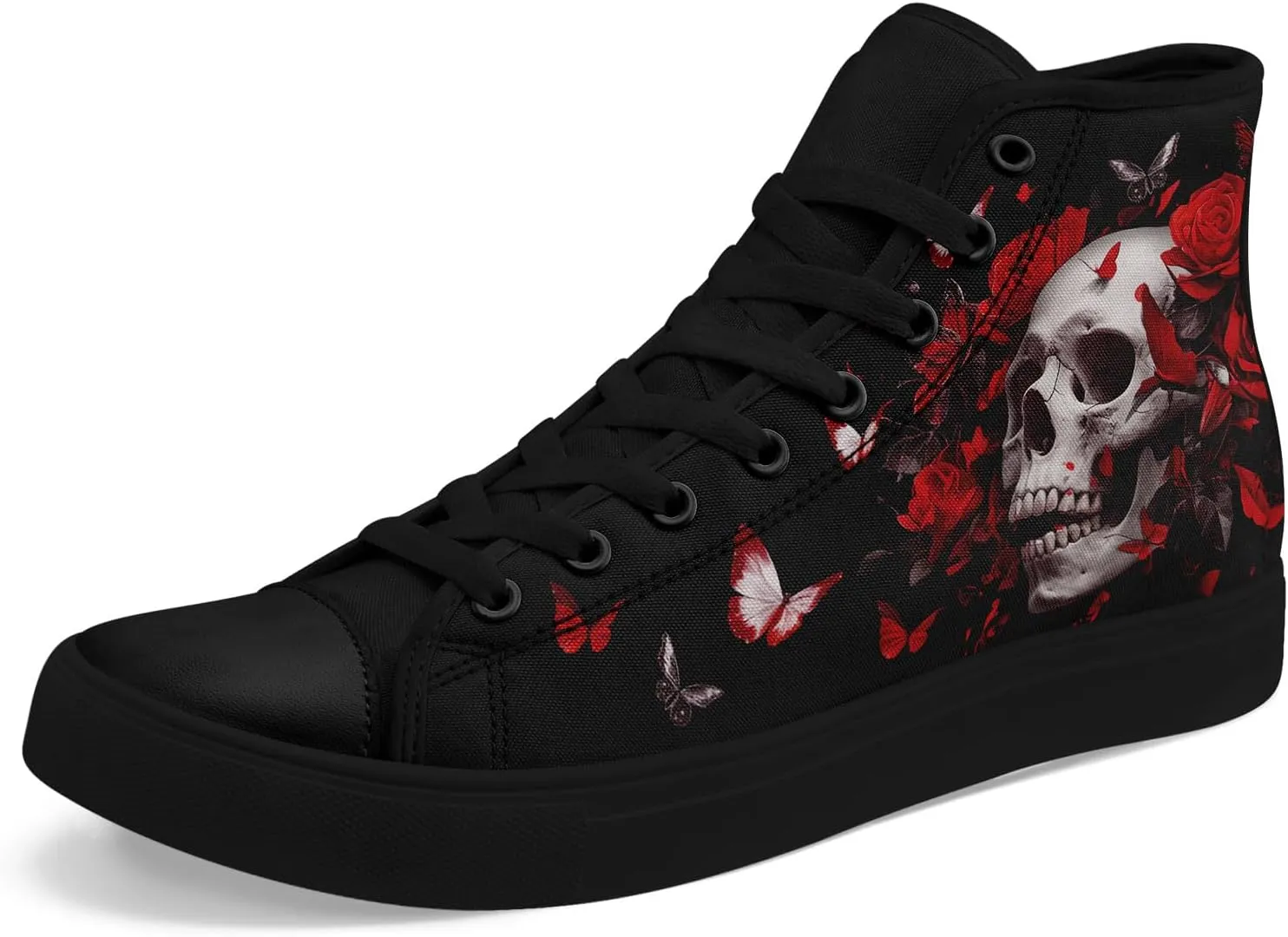 Gothic Skull High Top Canvas Sneakers for Men Women Butterflies Flames Flower Vivid Lace up Flat Casual Walking Shoes