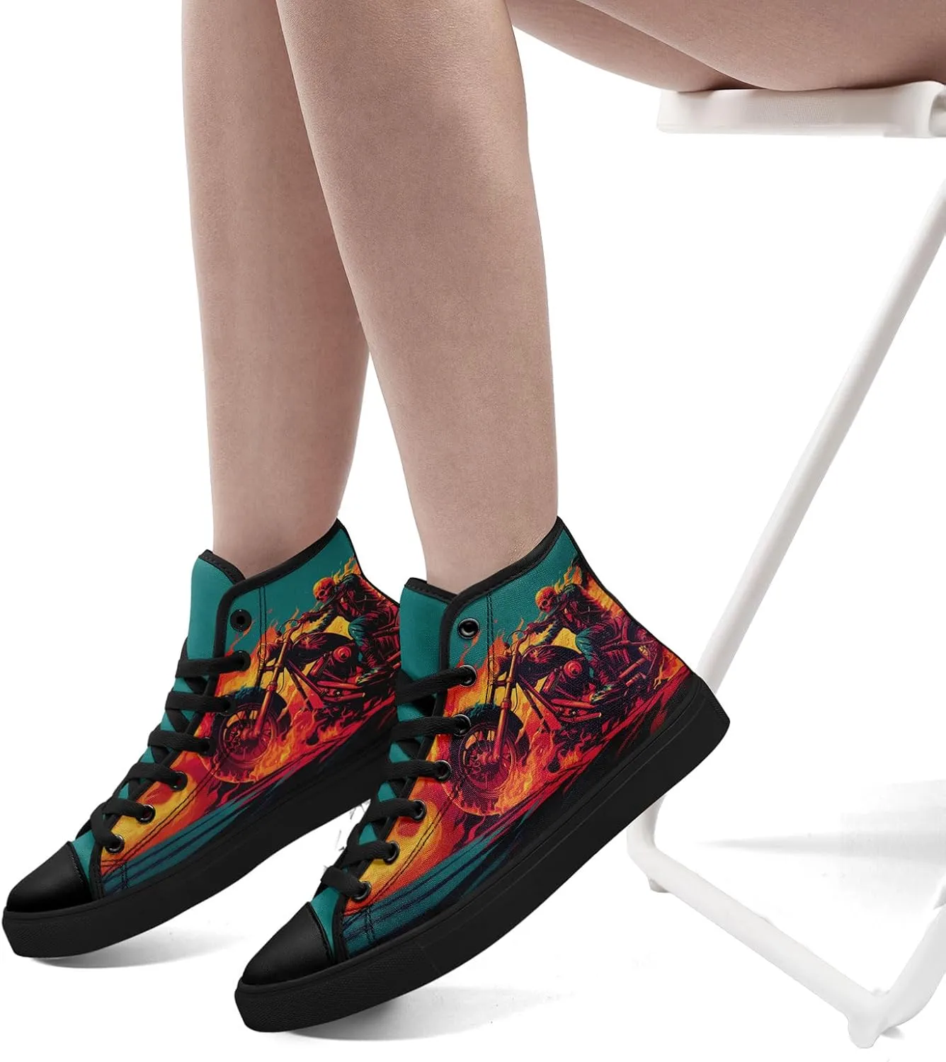 Gothic Skull High Top Canvas Sneakers for Men Women Butterflies Flames Flower Vivid Lace up Flat Casual Walking Shoes