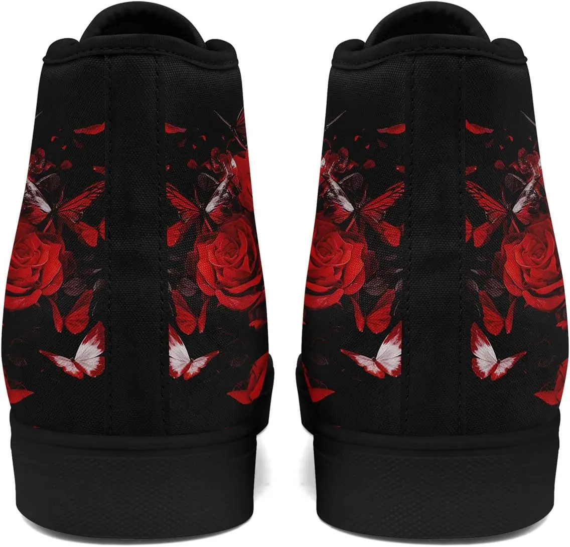 Gothic Skull High Top Canvas Sneakers for Men Women Butterflies Flames Flower Vivid Lace up Flat Casual Walking Shoes