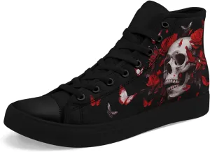 Gothic Skull High Top Canvas Sneakers for Men Women Butterflies Flames Flower Vivid Lace up Flat Casual Walking Shoes