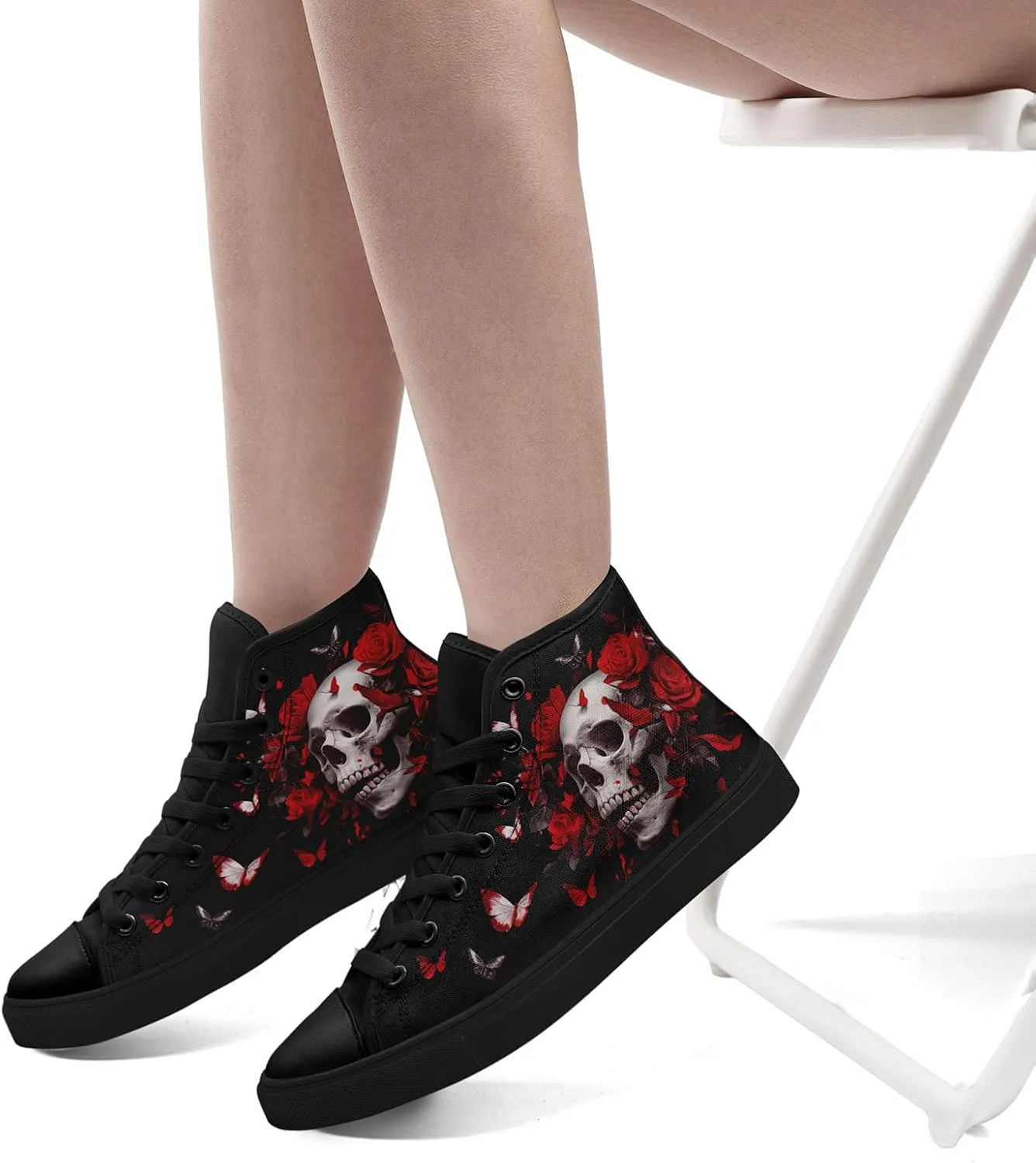 Gothic Skull High Top Canvas Sneakers for Men Women Butterflies Flames Flower Vivid Lace up Flat Casual Walking Shoes