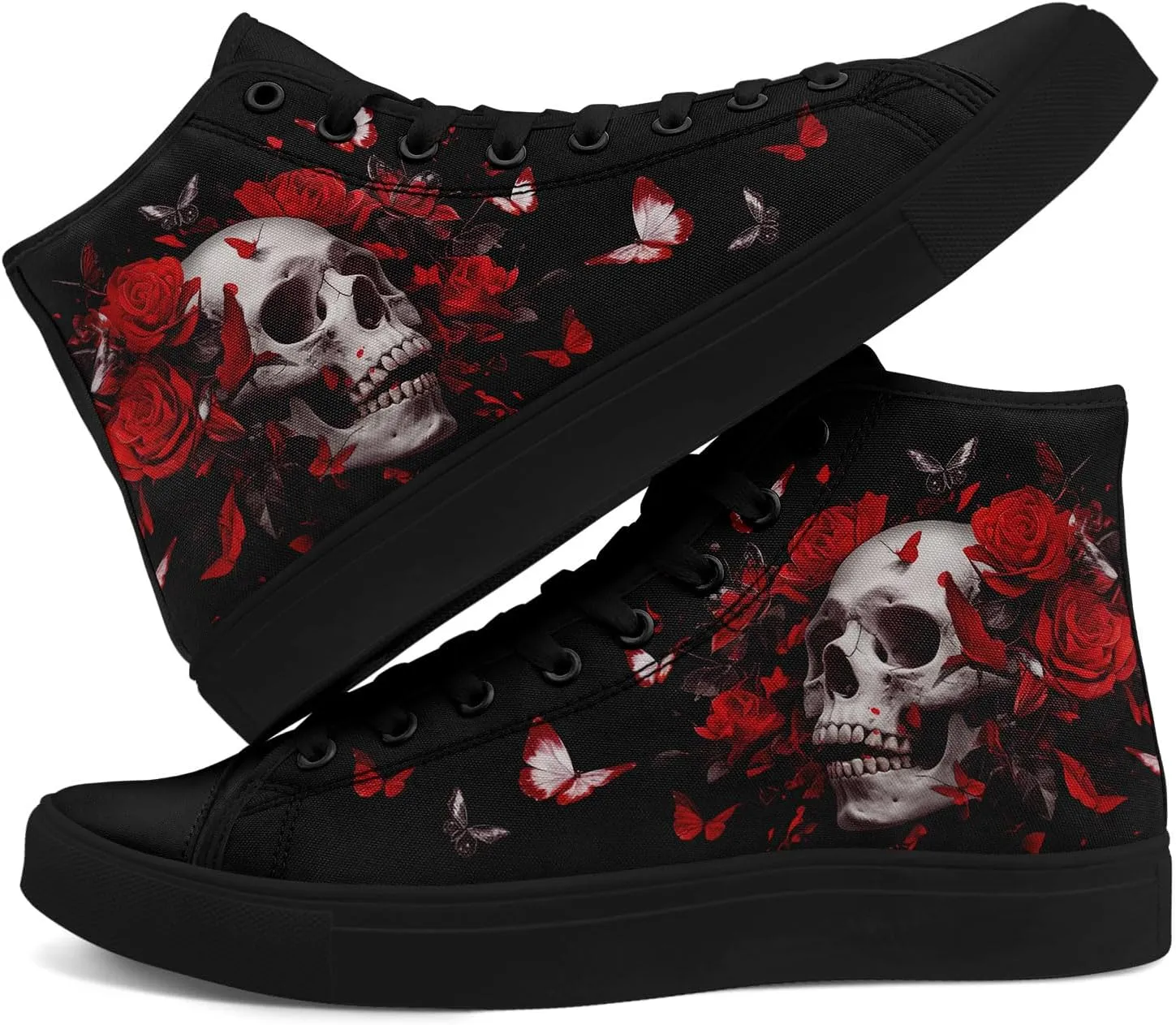 Gothic Skull High Top Canvas Sneakers for Men Women Butterflies Flames Flower Vivid Lace up Flat Casual Walking Shoes