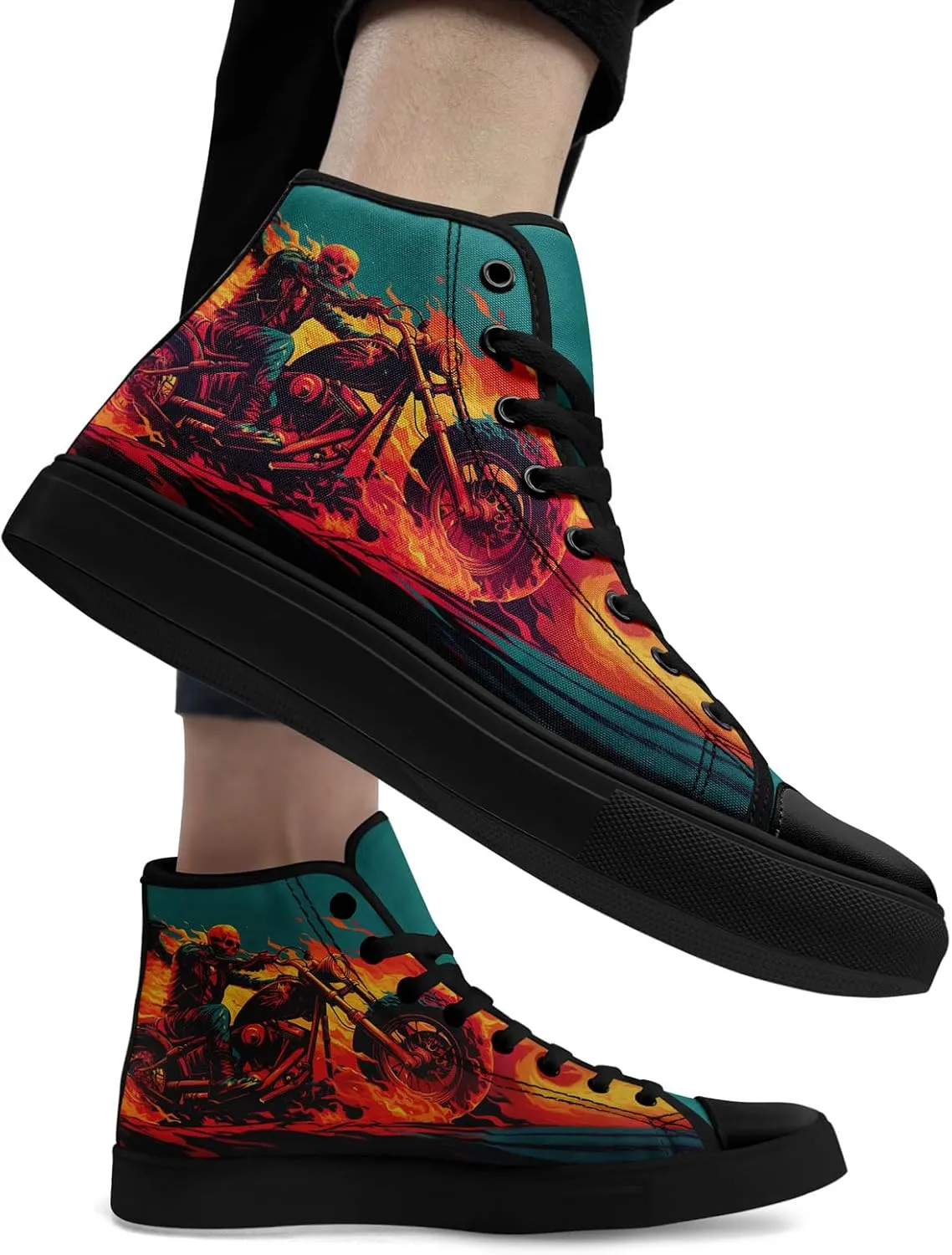 Gothic Skull High Top Canvas Sneakers for Men Women Butterflies Flames Flower Vivid Lace up Flat Casual Walking Shoes