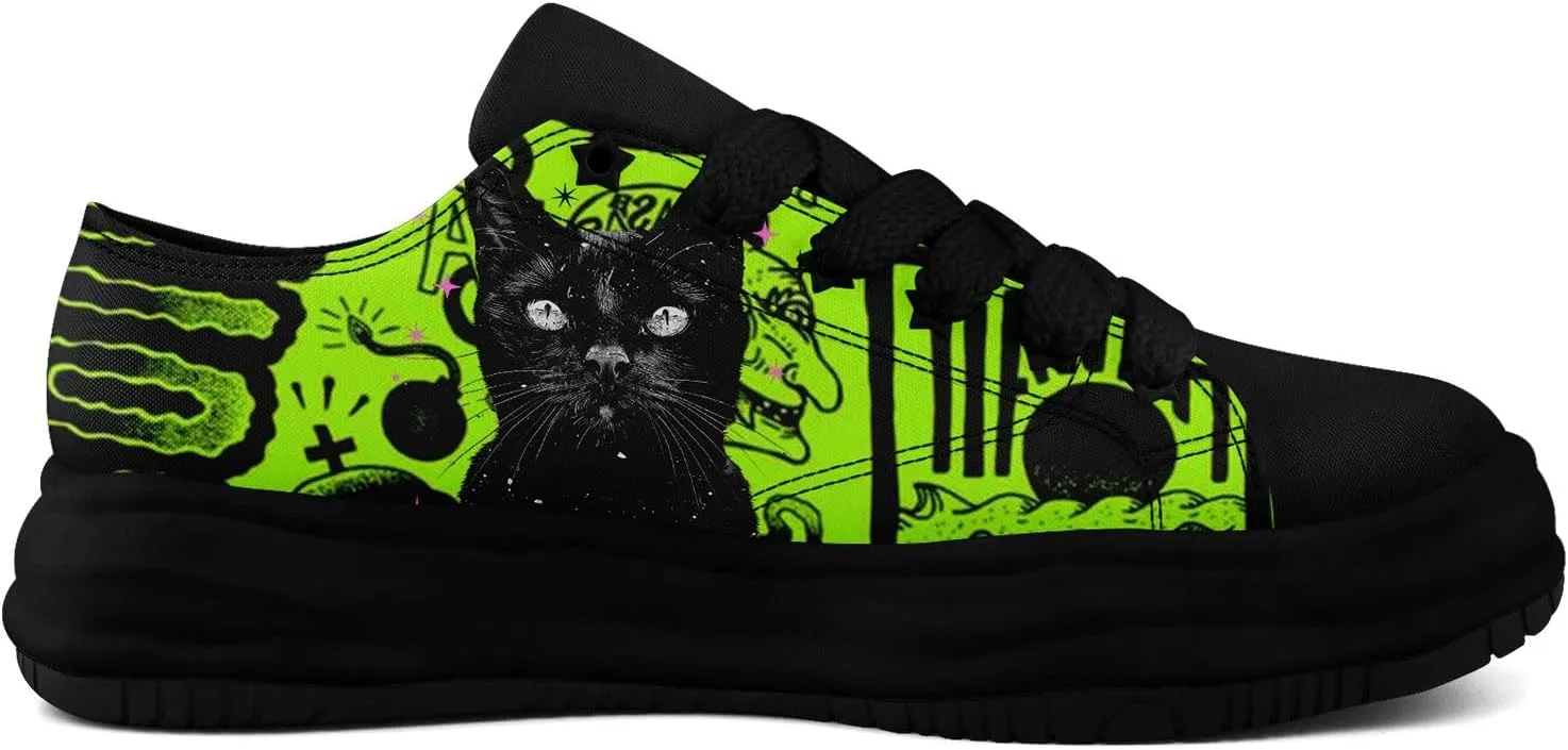 Gothic Skull Print Sneakers for Men Women – Low Top Canvas Shoes with Rubber EVA Sole, Punk Streetwear Fashion