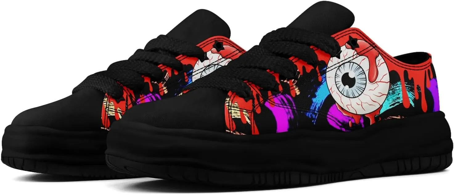 Gothic Skull Print Sneakers for Men Women – Low Top Canvas Shoes with Rubber EVA Sole, Punk Streetwear Fashion