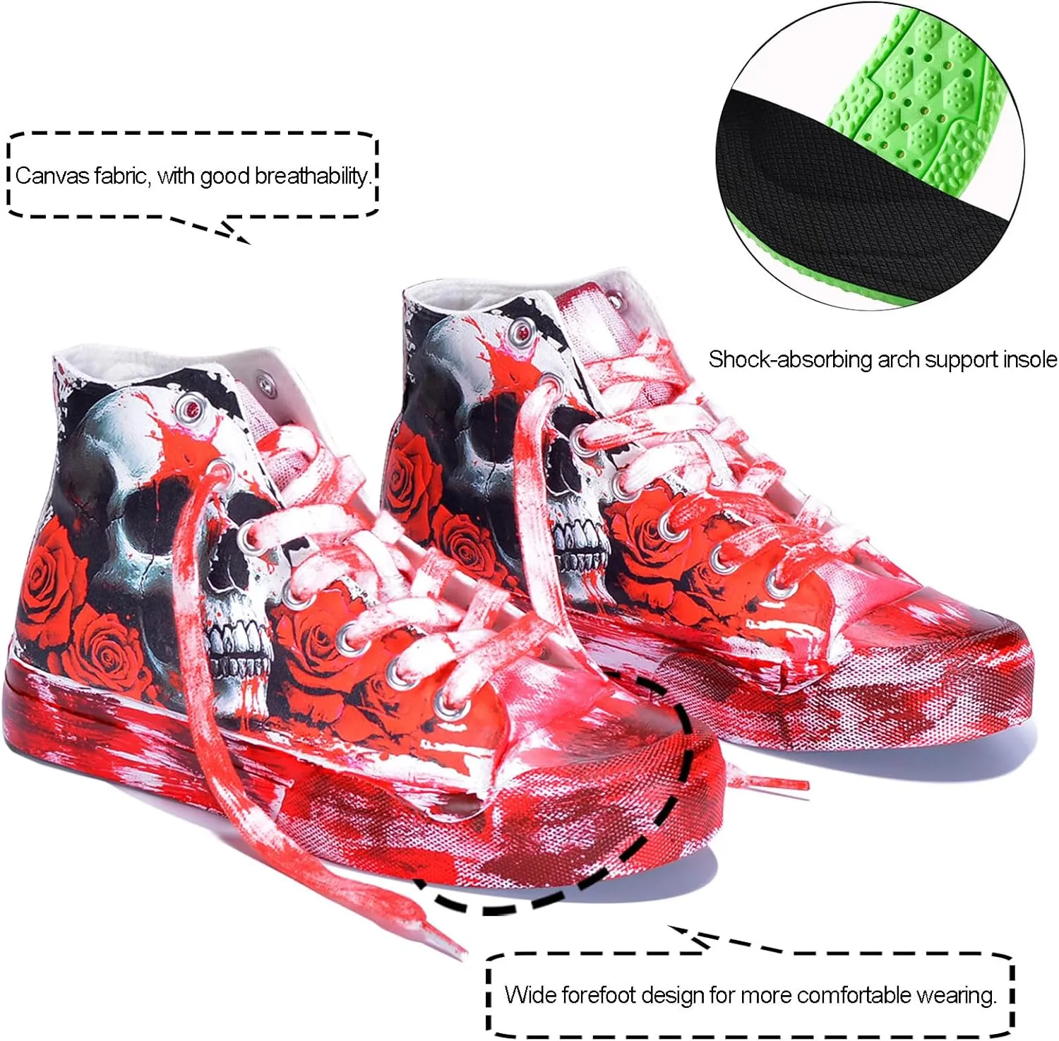 Gothic Skull Shoes for Women Fashion Sneakers Men's Hand-Painted Graffiti Shoes Punk Cosplay Hip Hop Teen Boys Girls Student Casual Walking Streetwear