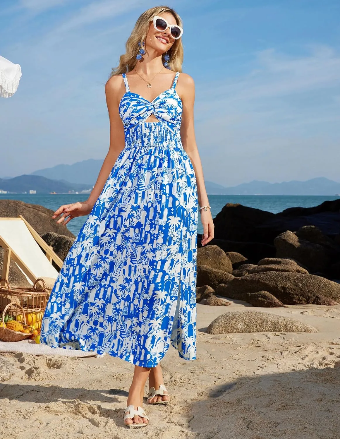 GRACE KARIN 2025 Women's Summer Spaghetti Strap Maxi Dress Smocked Floral Dress Sleeveless Boho Beach Sundress with Pockets
