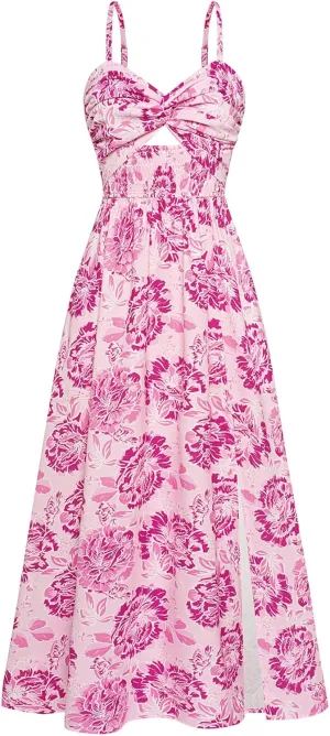 GRACE KARIN 2025 Women's Summer Spaghetti Strap Maxi Dress Smocked Floral Dress Sleeveless Boho Beach Sundress with Pockets