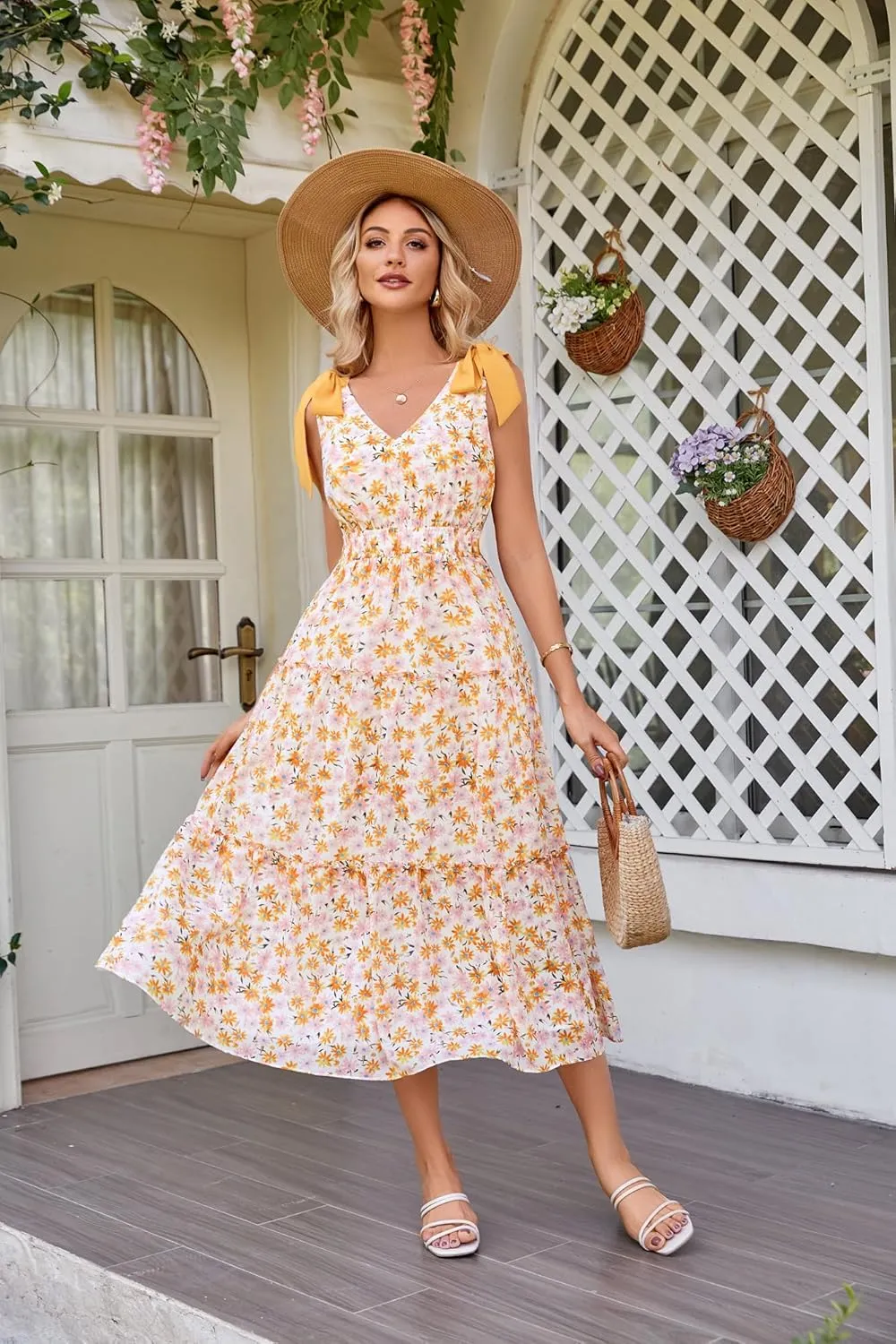 GRACE KARIN Floral Dress for Women Summer Casual Flowy Long V Neck Sundress Sleeveless Tiered Beach Wedding Guest Dress Bow
