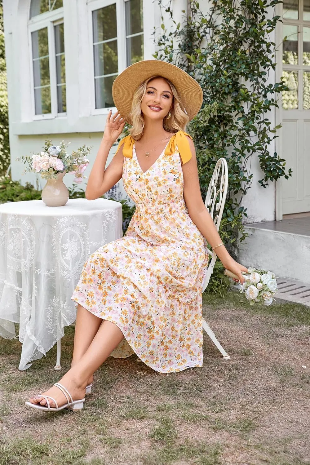 GRACE KARIN Floral Dress for Women Summer Casual Flowy Long V Neck Sundress Sleeveless Tiered Beach Wedding Guest Dress Bow