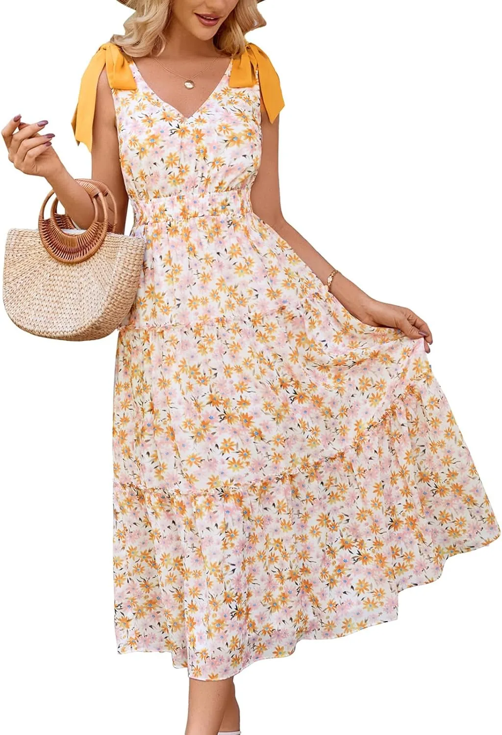 GRACE KARIN Floral Dress for Women Summer Casual Flowy Long V Neck Sundress Sleeveless Tiered Beach Wedding Guest Dress Bow