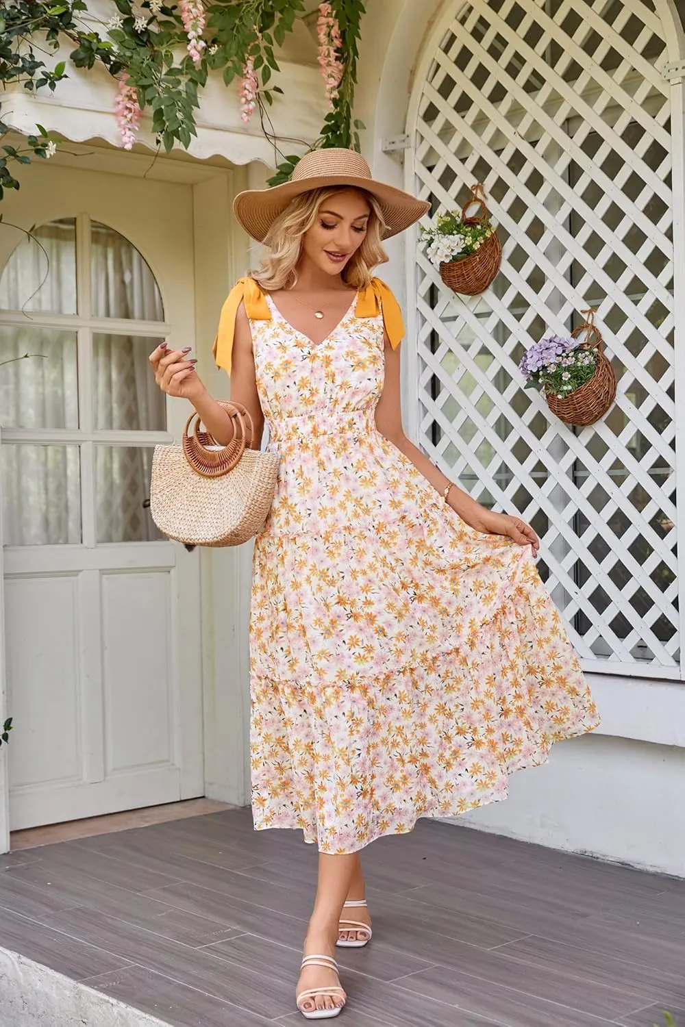 GRACE KARIN Floral Dress for Women Summer Casual Flowy Long V Neck Sundress Sleeveless Tiered Beach Wedding Guest Dress Bow