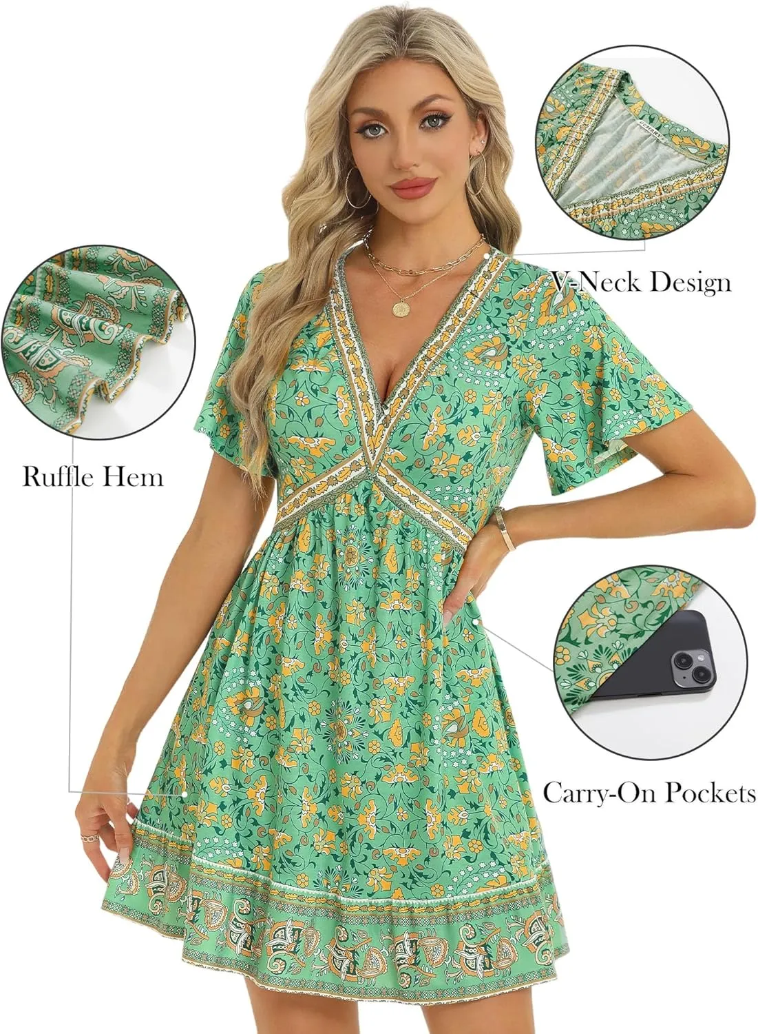 GUBERRY Women's Summer Boho Dress with Pockets V Neck Ruffle Flowy Casual Floral Babydoll Mini Short Sun Beach Dress