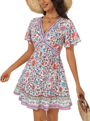 GUBERRY Women's Summer Boho Dress with Pockets V Neck Ruffle Flowy Casual Floral Babydoll Mini Short Sun Beach Dress