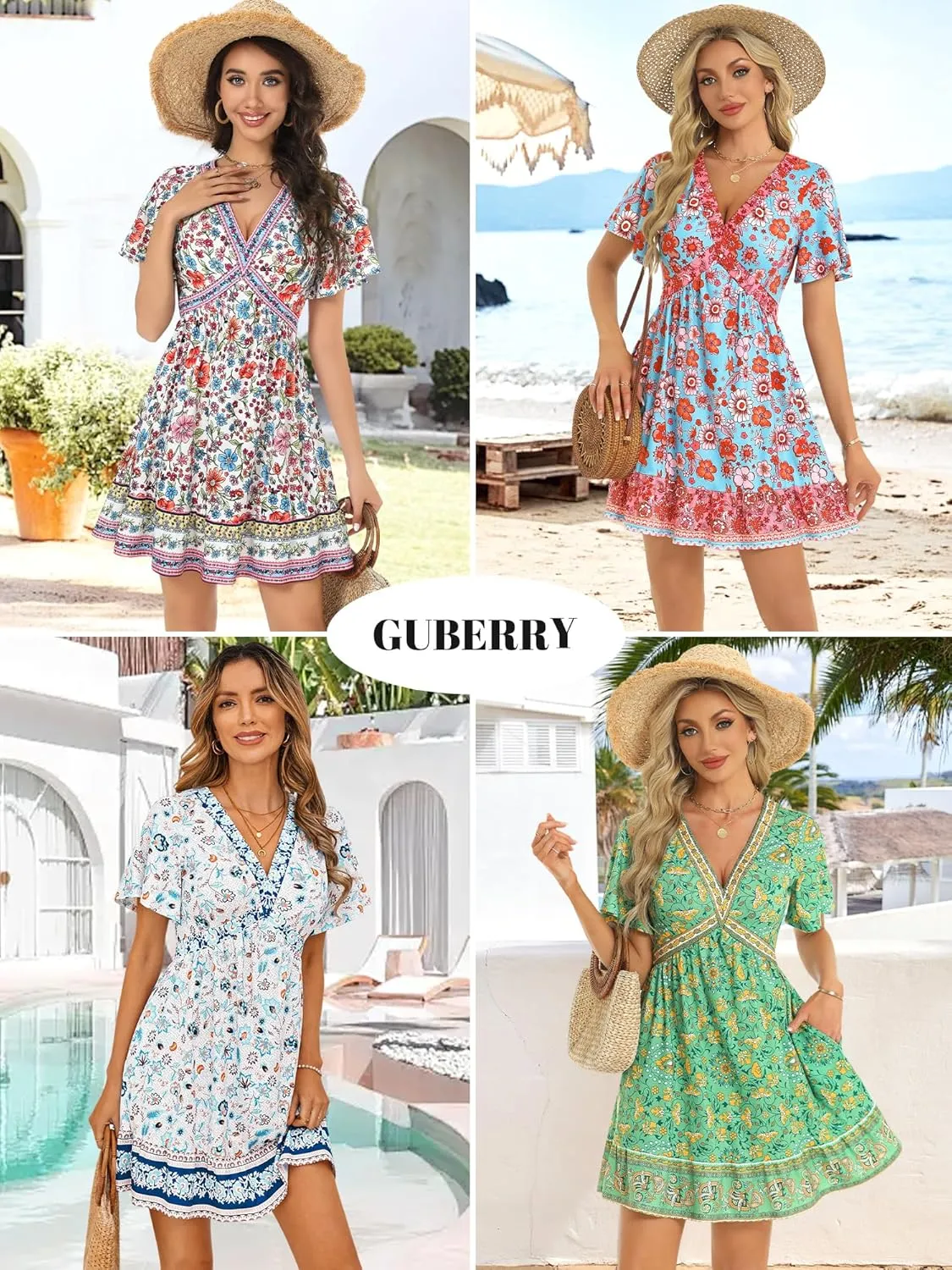 GUBERRY Women's Summer Boho Dress with Pockets V Neck Ruffle Flowy Casual Floral Babydoll Mini Short Sun Beach Dress