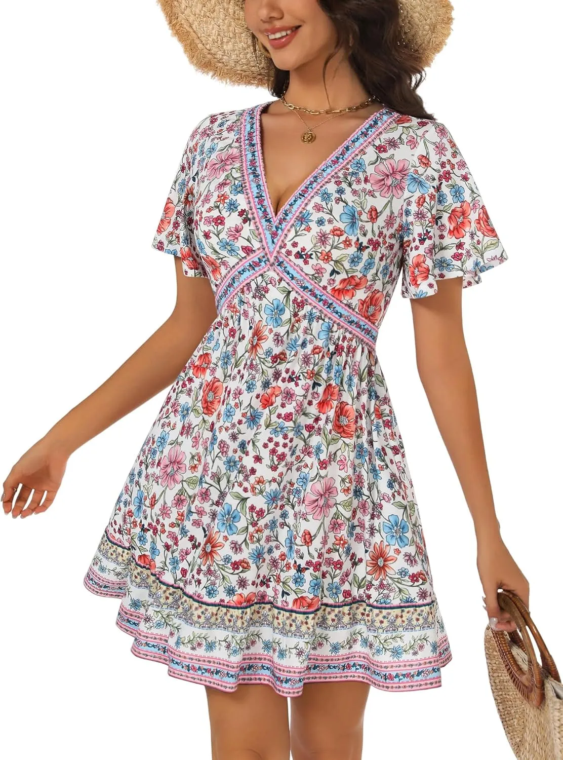 GUBERRY Women's Summer Boho Dress with Pockets V Neck Ruffle Flowy Casual Floral Babydoll Mini Short Sun Beach Dress