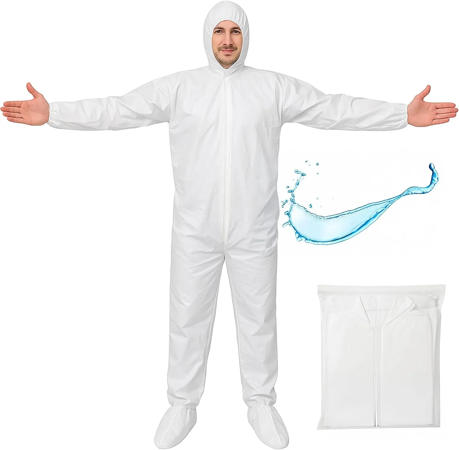 Hazmat Suits 5 PCS White Coveralls Disposable with Hood & Boots Waterproof PPE Jumpsuit for Men & Women