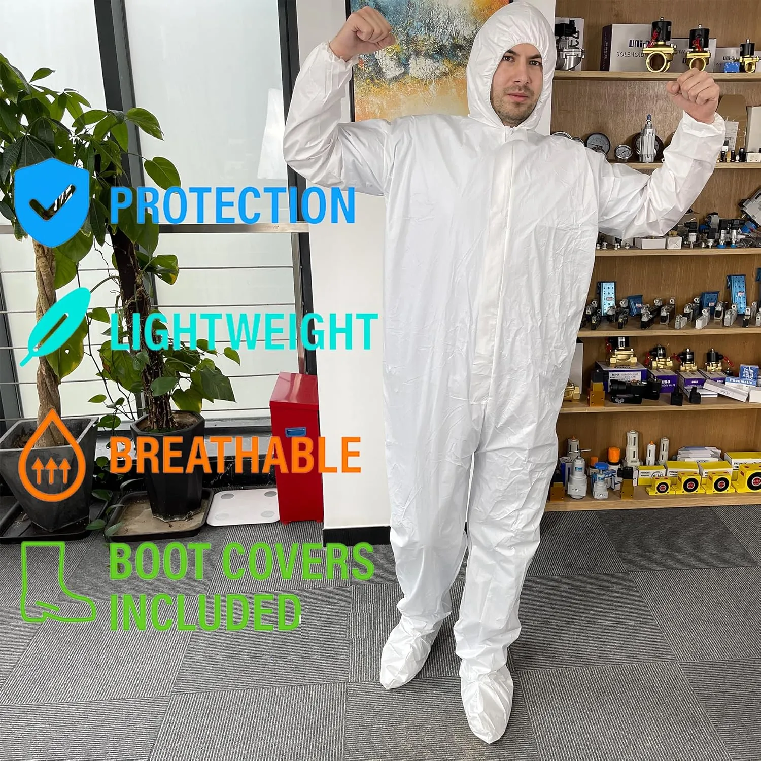 Hazmat Suits 5 PCS White Coveralls Disposable with Hood & Boots Waterproof PPE Jumpsuit for Men & Women