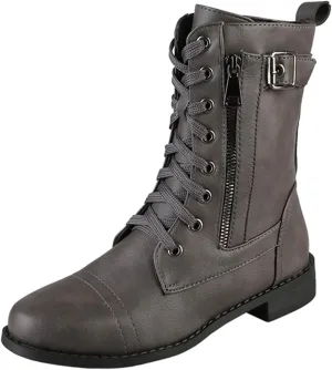 Hbeylia Combat Boots With Side Zipper For Women 2021 Fashion Casual Lace Up Leather Low Heels Ankle Booties Vintage Chunky Heeled Mid Calf Motorcycle Riding Tacticle Short Boots Winter Shoes