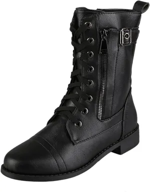 Hbeylia Combat Boots With Side Zipper For Women 2021 Fashion Casual Lace Up Leather Low Heels Ankle Booties Vintage Chunky Heeled Mid Calf Motorcycle Riding Tacticle Short Boots Winter Shoes