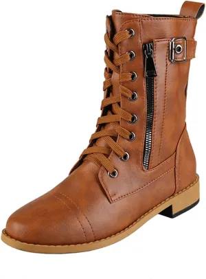 Hbeylia Combat Boots With Side Zipper For Women 2021 Fashion Casual Lace Up Leather Low Heels Ankle Booties Vintage Chunky Heeled Mid Calf Motorcycle Riding Tacticle Short Boots Winter Shoes
