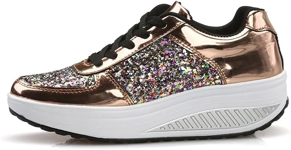 Hbeylia Platform Fashion Sneakers For Women Glitter Squin Leather Fashion Casual Chunky Bottom High Heels Low Top Canvas Shoes Casual Anti Skid Lace Up Leather Slip On Walking Loafers Work Shoes