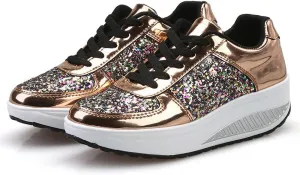 Hbeylia Platform Fashion Sneakers For Women Glitter Squin Leather Fashion Casual Chunky Bottom High Heels Low Top Canvas Shoes Casual Anti Skid Lace Up Leather Slip On Walking Loafers Work Shoes