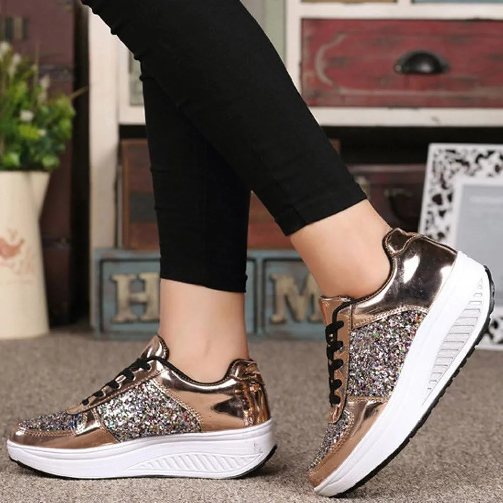 Hbeylia Platform Fashion Sneakers For Women Glitter Squin Leather Fashion Casual Chunky Bottom High Heels Low Top Canvas Shoes Casual Anti Skid Lace Up Leather Slip On Walking Loafers Work Shoes