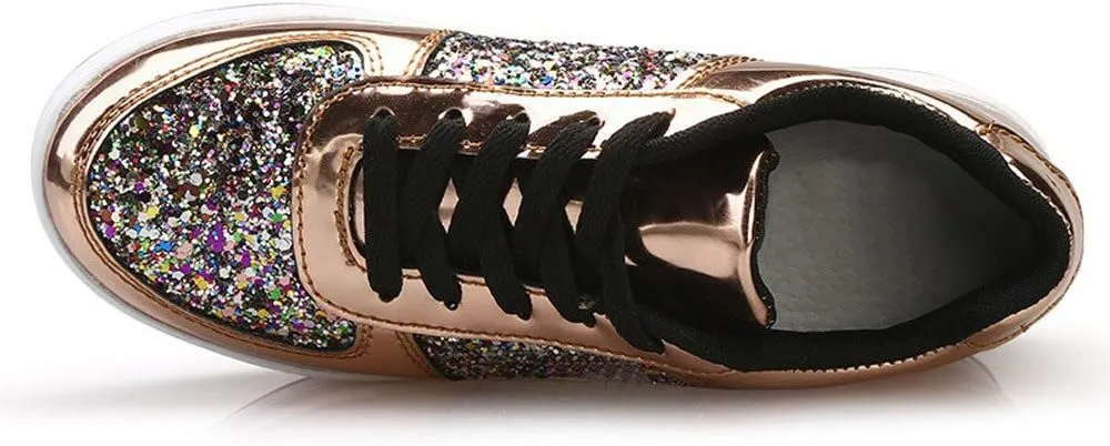 Hbeylia Platform Fashion Sneakers For Women Glitter Squin Leather Fashion Casual Chunky Bottom High Heels Low Top Canvas Shoes Casual Anti Skid Lace Up Leather Slip On Walking Loafers Work Shoes