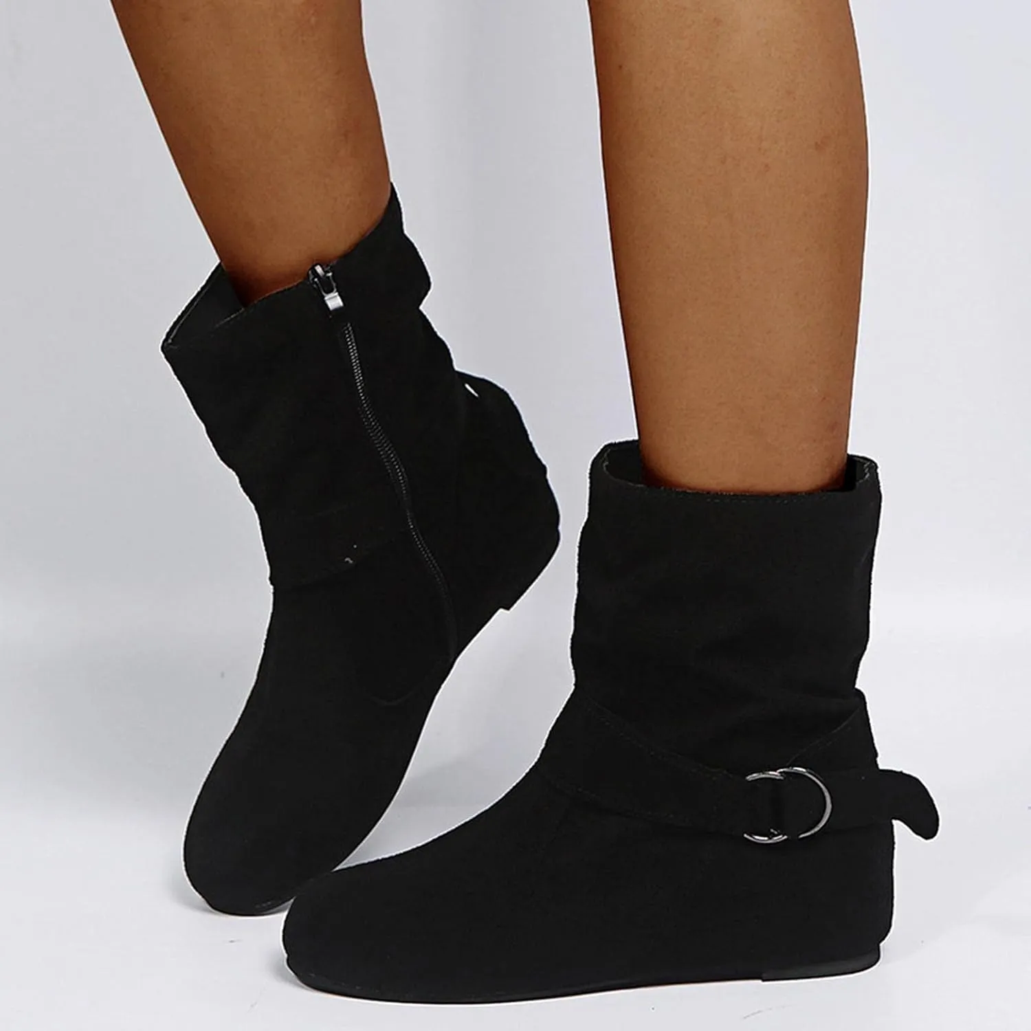 Hbeylia Women's Boots With No Heels Fashion Slouchy Ruched Suede Round Toe Slip On Flats Ankle Booties With Side Zipper Casual Comfortable Winter Fall Mid Calf Dress Short Boots For Women Ladies