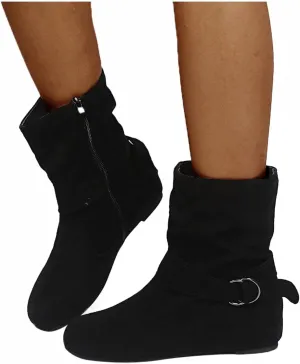 Hbeylia Women's Boots With No Heels Fashion Slouchy Ruched Suede Round Toe Slip On Flats Ankle Booties With Side Zipper Casual Comfortable Winter Fall Mid Calf Dress Short Boots For Women Ladies