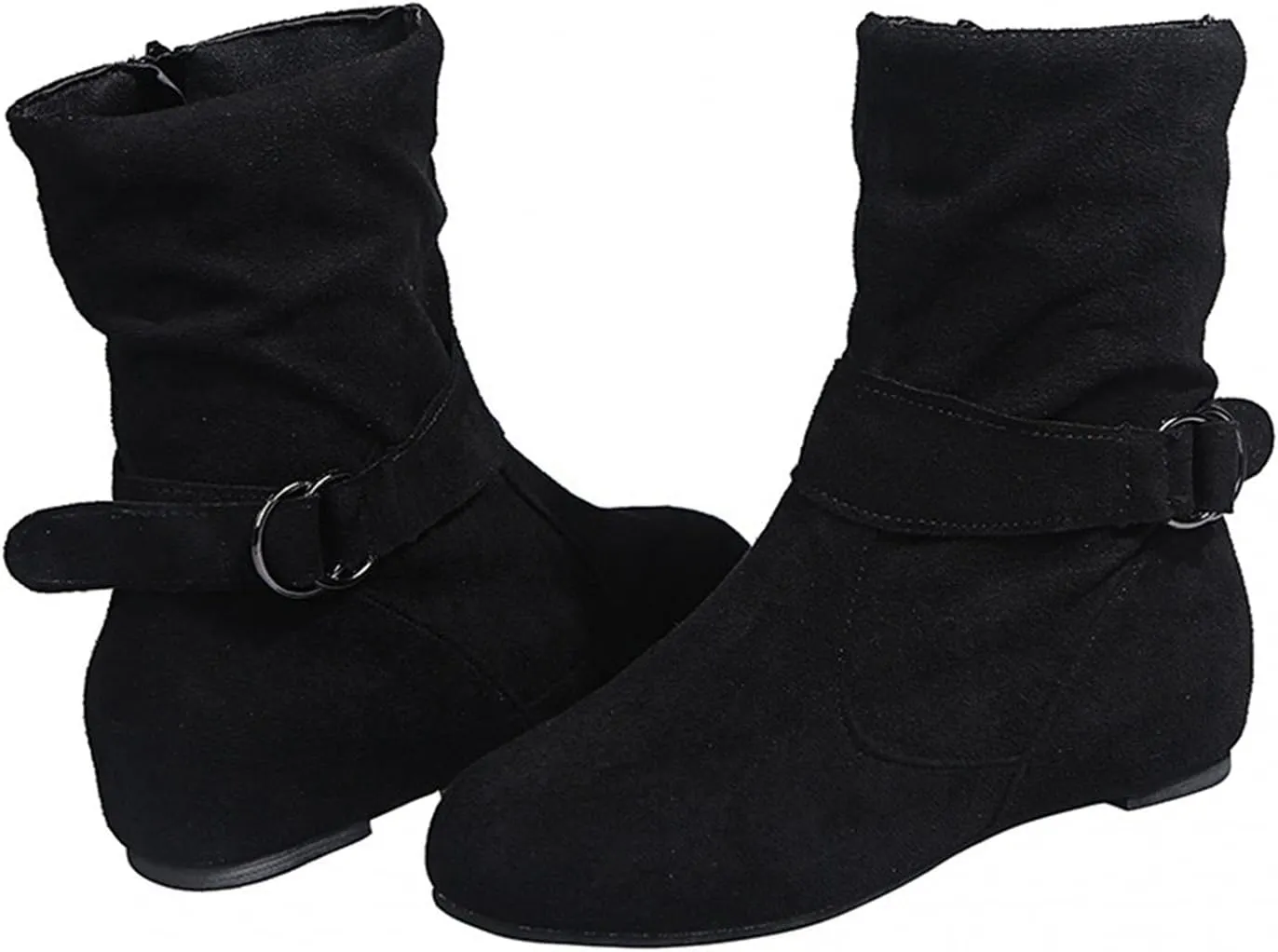 Hbeylia Women's Boots With No Heels Fashion Slouchy Ruched Suede Round Toe Slip On Flats Ankle Booties With Side Zipper Casual Comfortable Winter Fall Mid Calf Dress Short Boots For Women Ladies