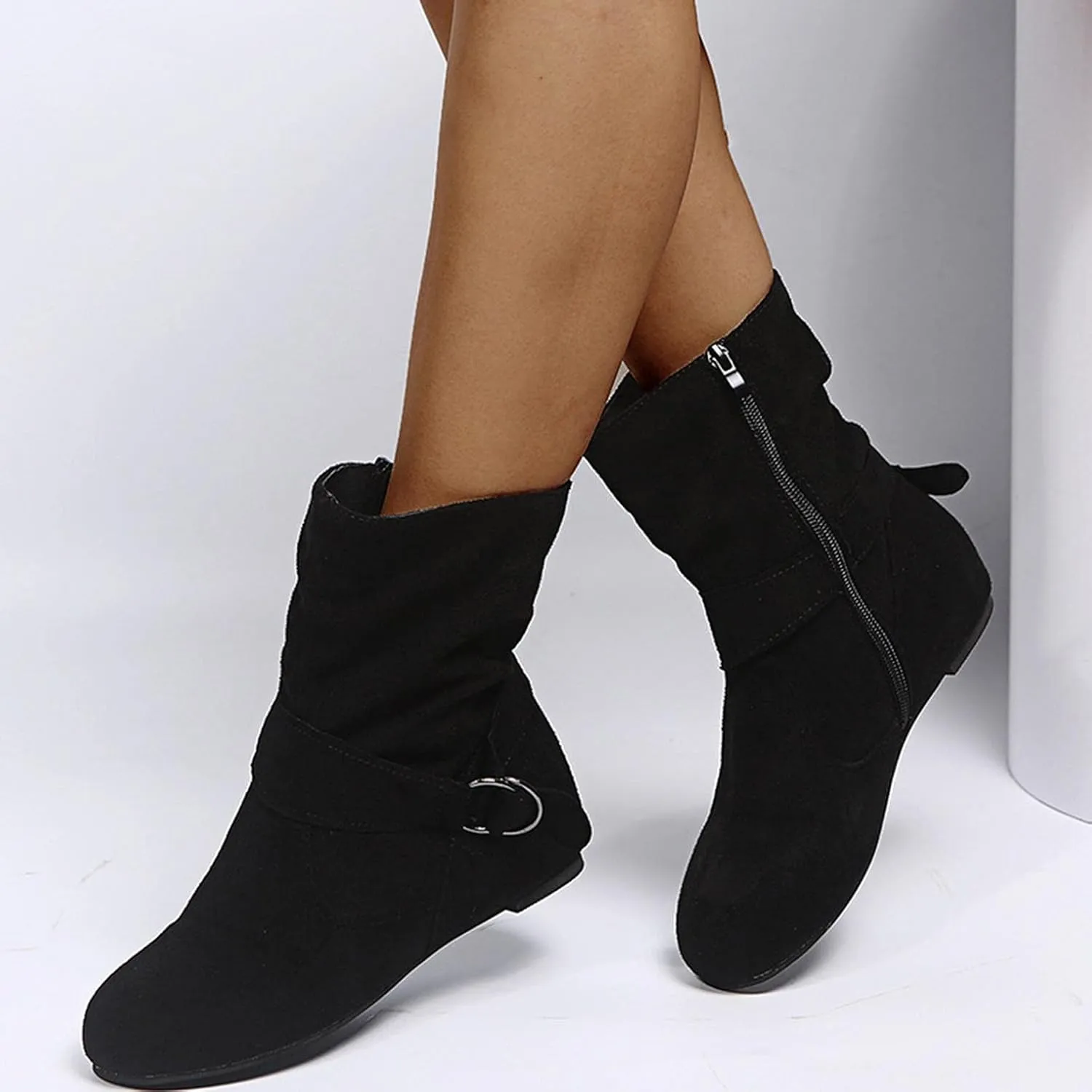 Hbeylia Women's Boots With No Heels Fashion Slouchy Ruched Suede Round Toe Slip On Flats Ankle Booties With Side Zipper Casual Comfortable Winter Fall Mid Calf Dress Short Boots For Women Ladies