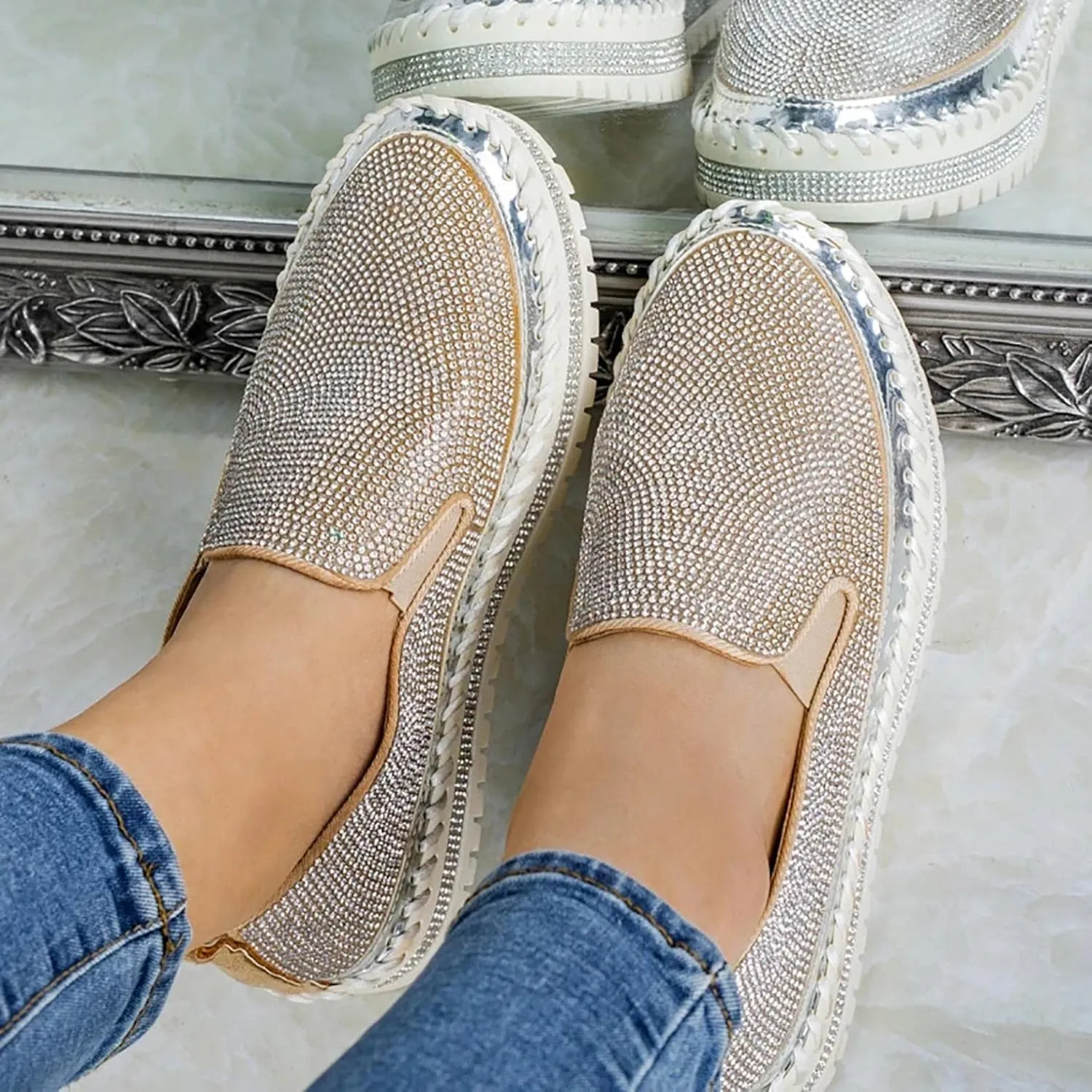 Hbeylia Women's Wedge Platform Slip On Loafers Crystal Ballet Flats For Women Ladies Casual Closed Toe Comfortable Breathable Non Slip Dress Sandals Autumn Summer Walking Shoes