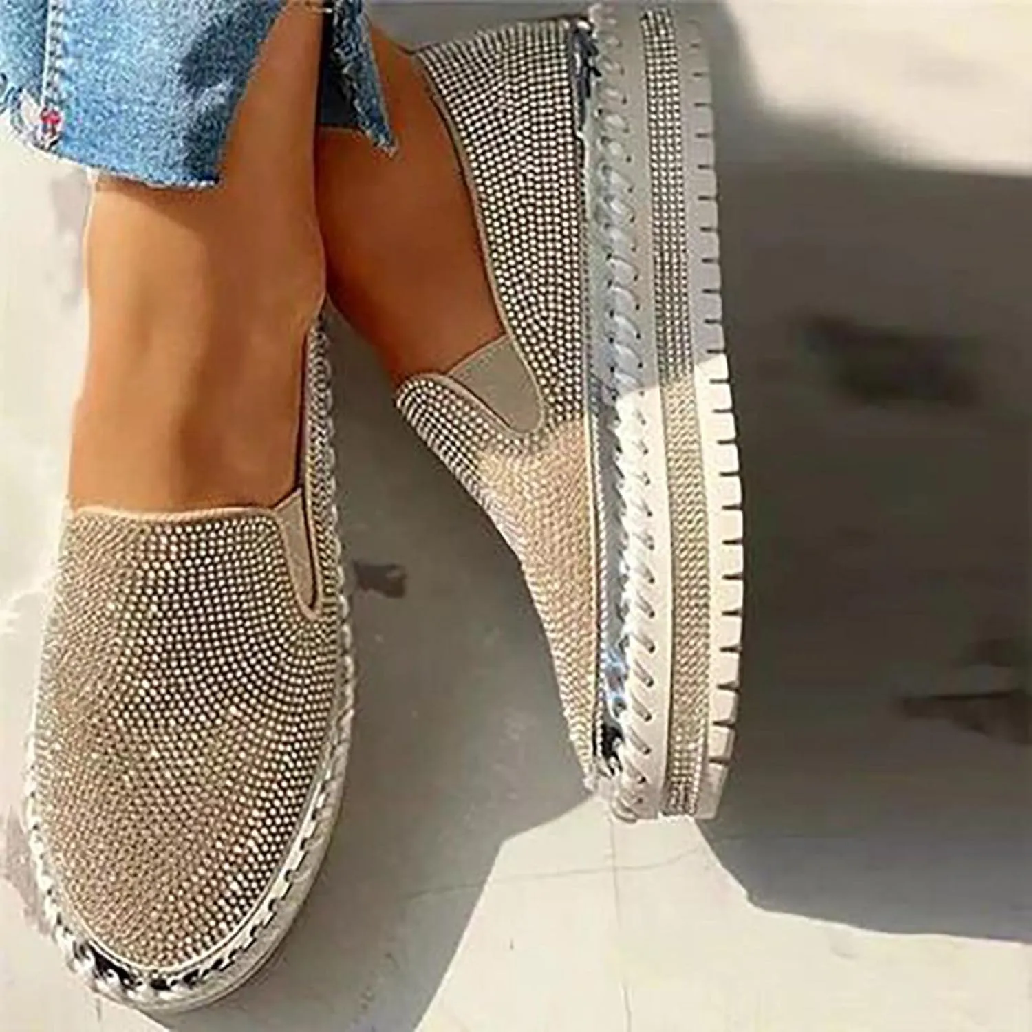 Hbeylia Women's Wedge Platform Slip On Loafers Crystal Ballet Flats For Women Ladies Casual Closed Toe Comfortable Breathable Non Slip Dress Sandals Autumn Summer Walking Shoes
