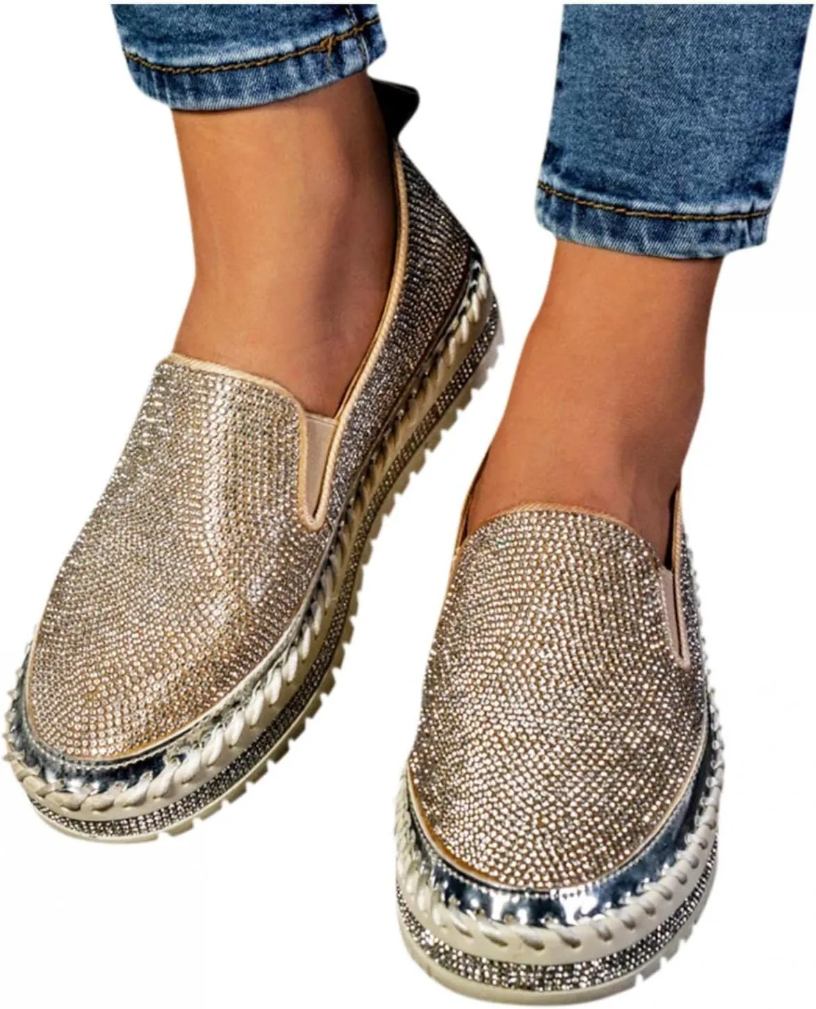 Hbeylia Women's Wedge Platform Slip On Loafers Crystal Ballet Flats For Women Ladies Casual Closed Toe Comfortable Breathable Non Slip Dress Sandals Autumn Summer Walking Shoes