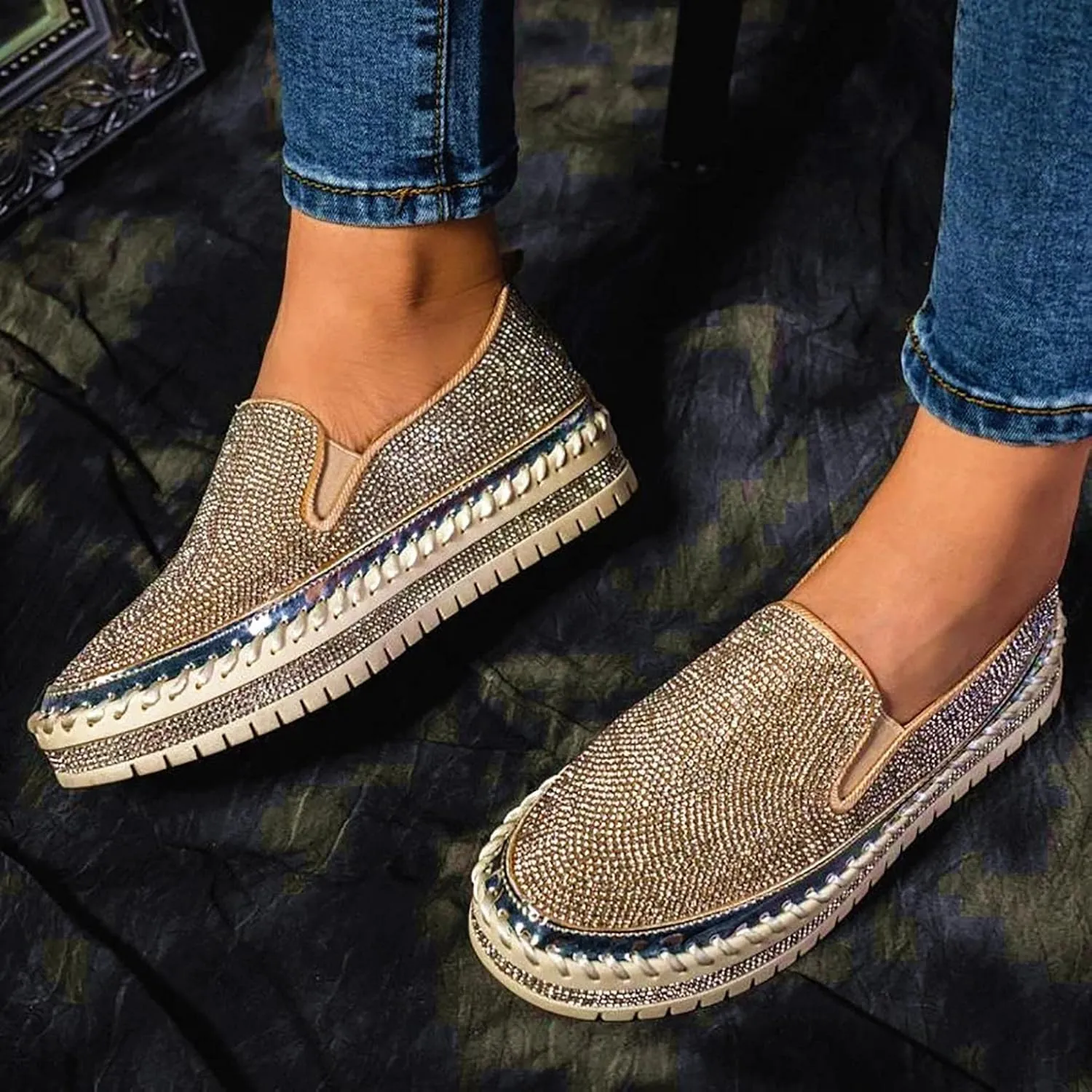 Hbeylia Women's Wedge Platform Slip On Loafers Crystal Ballet Flats For Women Ladies Casual Closed Toe Comfortable Breathable Non Slip Dress Sandals Autumn Summer Walking Shoes