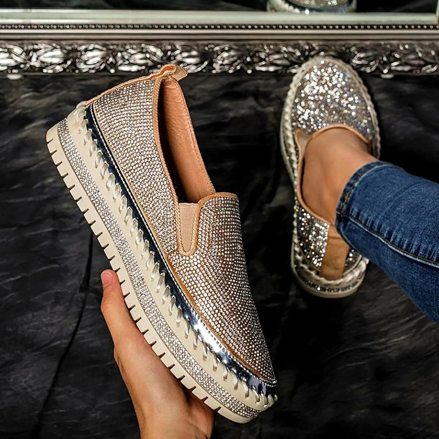Hbeylia Women's Wedge Platform Slip On Loafers Crystal Ballet Flats For Women Ladies Casual Closed Toe Comfortable Breathable Non Slip Dress Sandals Autumn Summer Walking Shoes