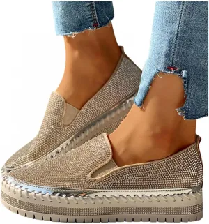 Hbeylia Women's Wedge Platform Slip On Loafers Crystal Ballet Flats For Women Ladies Casual Closed Toe Comfortable Breathable Non Slip Dress Sandals Autumn Summer Walking Shoes